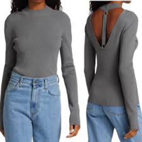 Helmut Lang Ring Cutout Mockneck Pullover Ribbed Top Grey Medium
